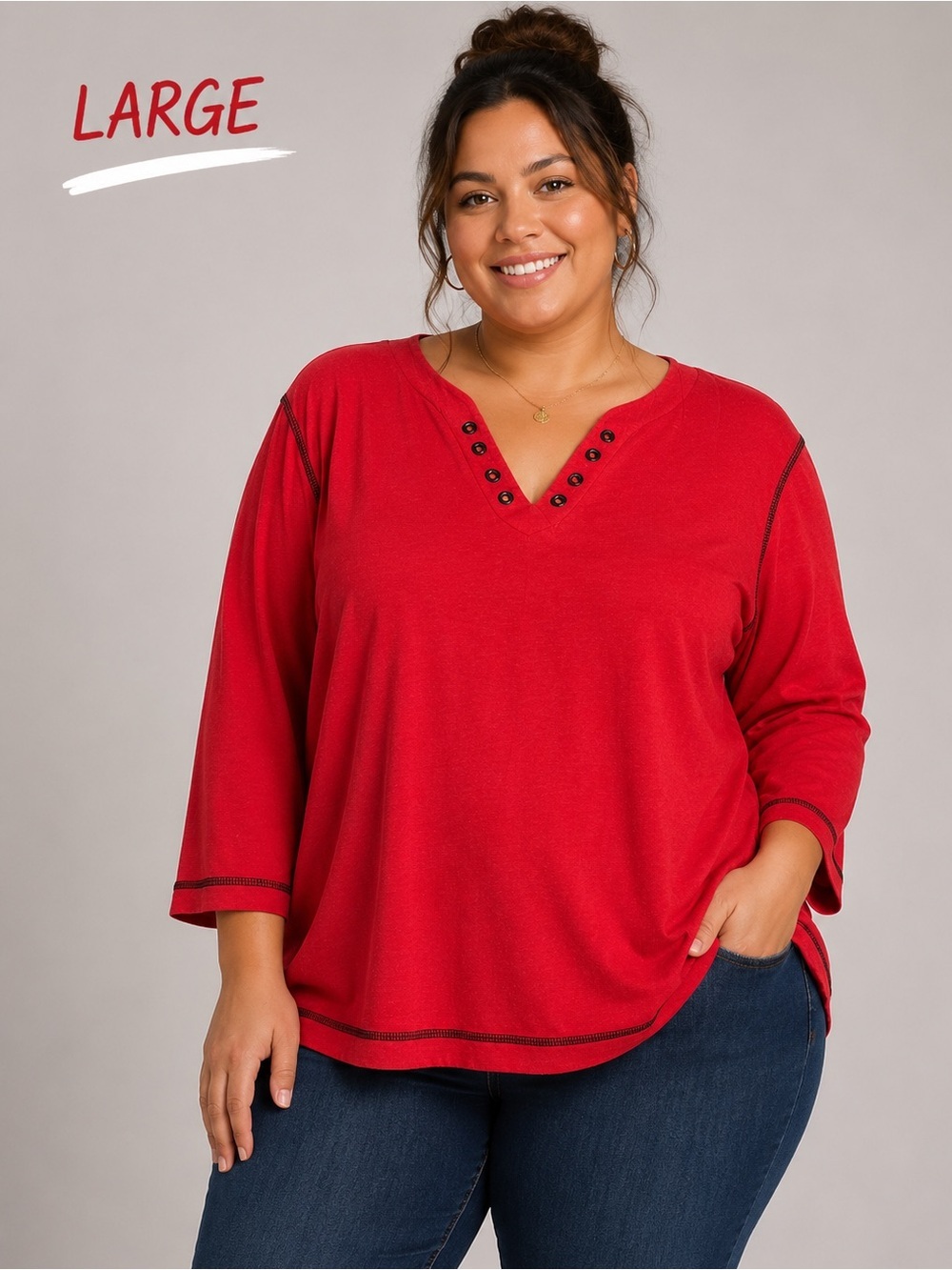 jason maxwell Red V‑Neck Button Trim Long Sleeve Top LARGE